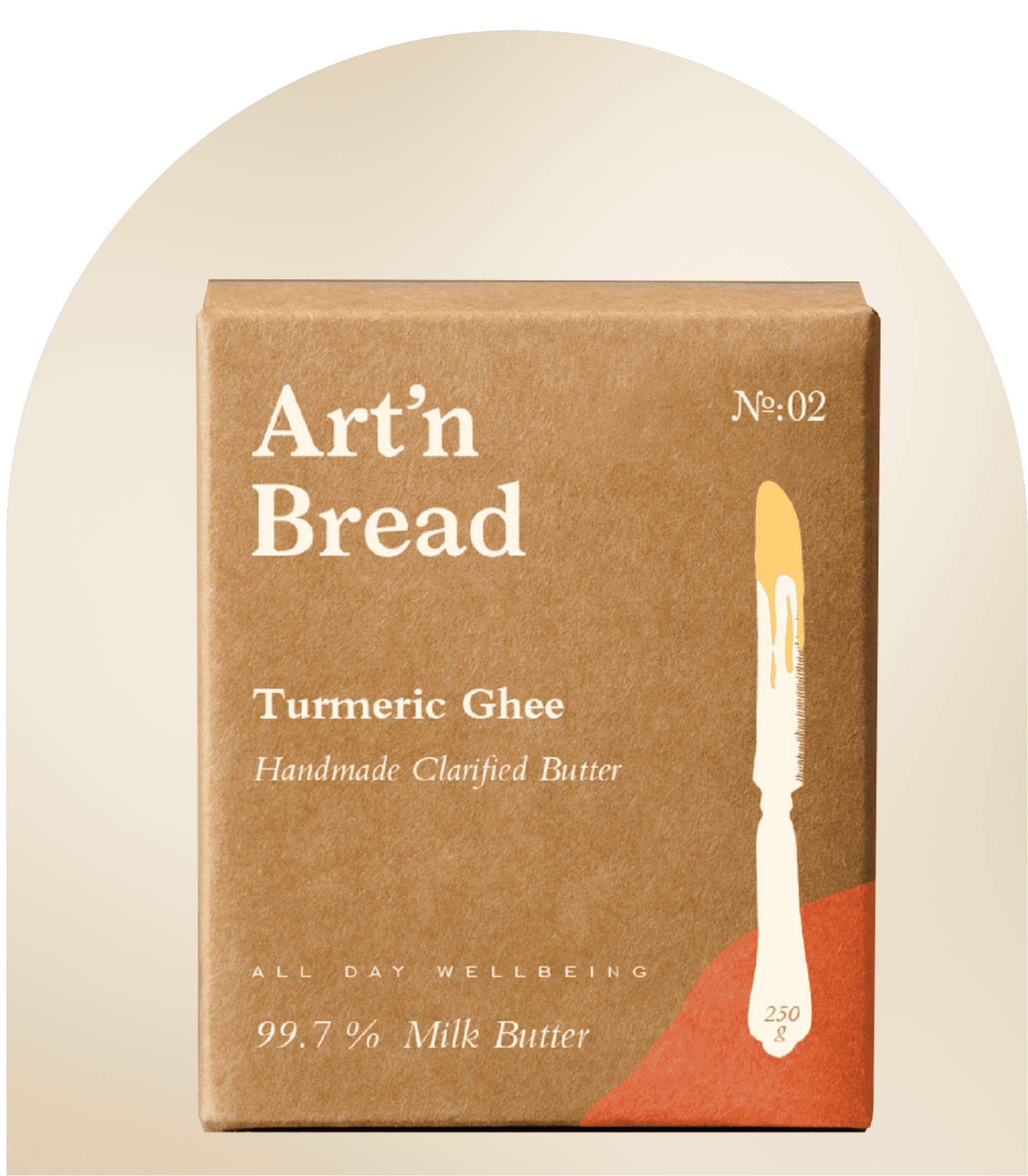 กล่องบรรจุภัณฑ์ Art’n Bread บนพื้นหลังทรงโค้งสีครีม